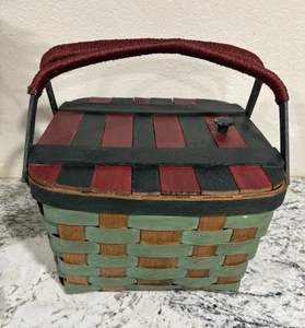 Vtg Basketville Putney Vermont Woven Wood Picnic Basket with 2 Top Handles - Picture 1 of 16