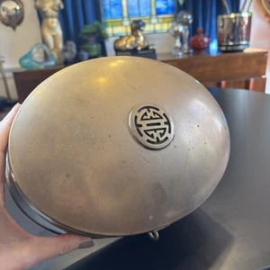 Scatola portaoggetti ovale ottone vintage simbolo longevità shou cinese decorazione asiatica - Foto 1 di 10