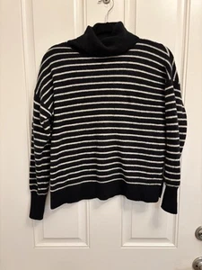 Halogen $98 S Black Ivory Stripe turtle 100% Cashmere Sweater soft lightweight - Picture 1 of 9