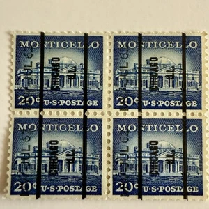 Block of 4 1954 20 Cent United States Postage Stamps/Monticello/#1047/Precancel - Picture 1 of 1
