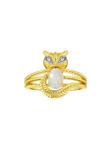 RYLOS  YELLOW GOLD PLATED SILVER OPAL & DIAMOND GEMSTONE CAT RING SIZE 5-13 - Picture 1 of 6