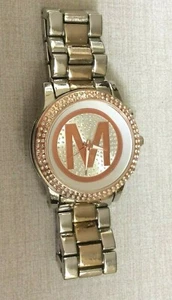 Geneva Mens Crystal Watch Round M Silver Dial on Rose Gold/Silver Link Band New! - Picture 1 of 2