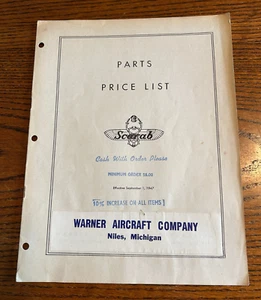 Warner Aircraft Company Scarab Parts Price List September 1947 Original - Picture 1 of 4