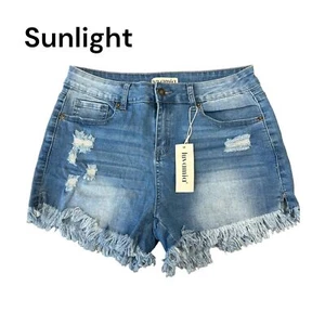 Luvamia Women's SZ M- Mid Rise Denim Shorts Stretch Ripped Raw Hem Jean Shorts - Picture 1 of 10