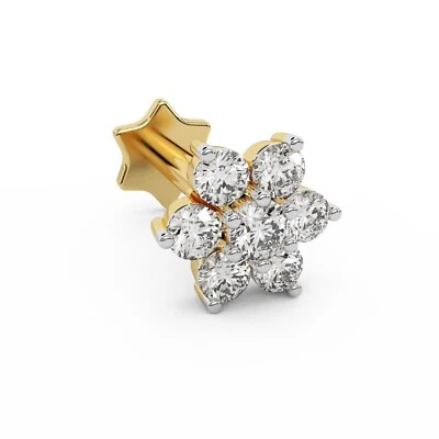 14K Gelbgold 7 Diamanten Blume Nasenring Stecker Piercing Labret Schraubversc... - Bild 1 von 4