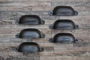 6pcs Vtg Cast Iron Door Gate Cabinet Drawer Kitchen Decor Cup Bin Pulls Handles - Picture 1 of 8