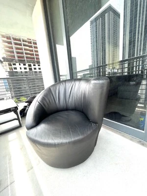 1970s Vladimir Kagan style Asymmetrical Black Leather Swivel “Nautilus” Chair.  - Image 1 of 4