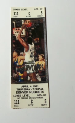 April 4 1991 Ticket Minnesota Timberwolves vs Denver Nuggets Mitchell Photo - Image 1 of 2