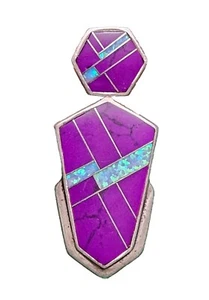 FLASHY Turquoise & Opal Navajo Flush Inlay Sterling Silver 925 Pendant - Picture 1 of 19