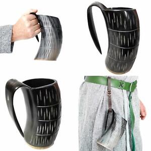 800 ML Viking Drinking Horn Mug Tankard with Brown Leather Strap Holder Wine Cup
