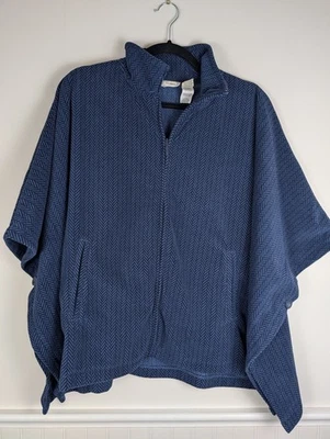Poncho feminino LL Bean Cape azul médio bolsos de lã espinha de peixe zíper completo - Imagem 1 de 4