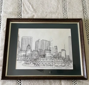 Bill Olendorf Historic Print Buckingham Fountain Pencil Chicago Framed Vintage - Picture 1 of 10