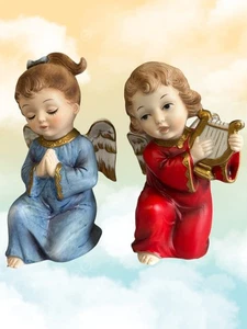 Estatuillas de ángeles vintage de Inarco Japón - túnicas rojas y azules, arpa y oración en muy buena condición - Imagen 1 de 5