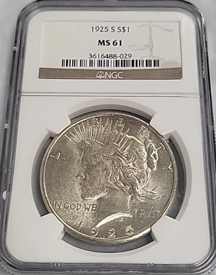 1925 S Peace Silver Dollar NGC MS 61 AA143 - Image 1 of 2