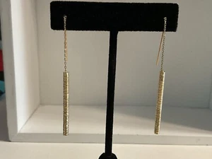 Bar Box Chain Threader Earrings Real 14k Yellow Gold - Picture 1 of 8
