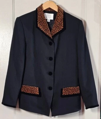 Valerie Stevens Petites Jacket Women's Size 8P Black Wool Leopard Velvet Blazer - Image 1 of 4