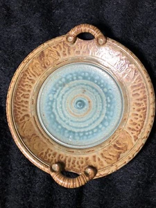 POTTERY FOLK ART CLAY 12” DRIP GLAZE BOWL HANDLES Tan Brown Turquoise - Picture 1 of 6