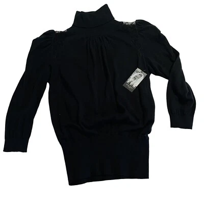 Nine West Womens Black Turtle Neck balloon Lace Shoulder Knit Sweater Size Small - Image 1 of 4