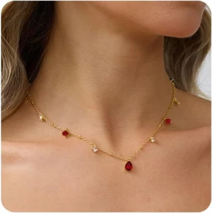 Gold Necklace for Women 14K Gold Plated CZ Diamond Choker Necklace Red Emerald G - Picture 1 of 12