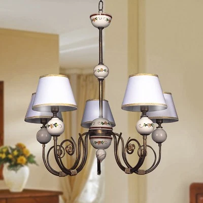 Classic Wrought Iron and Ceramic Chandelier with Lampshades 5 Lights Bedroom - Image 1 of 4