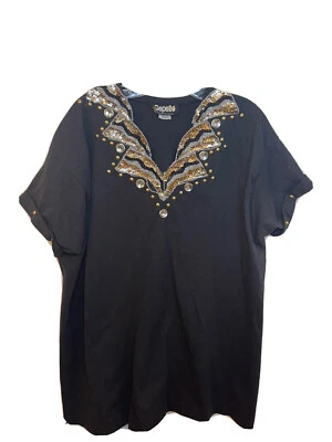 Vintage 80’s embroidered dazzling tshirt Gepetto AMAZING L black Mini Dress - Image 1 of 3