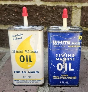 2 Vintage 4 OZ. SEWING MACHINE OIL Handy Advertising Oiler Tins WHITE & BEGA CO. - Picture 1 of 16