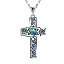 YFN Star of David Necklace Sterling Silver Celtic Cross Pendant Abalone Shell