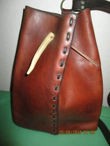 Vintage Hand Crafted Brown Leather Pouch Bag - With Bone Closure - Picture 1 of 4