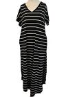Large Black White Striped Maxi Dress Pockets Short Sleeve Vacay Comfort NWT