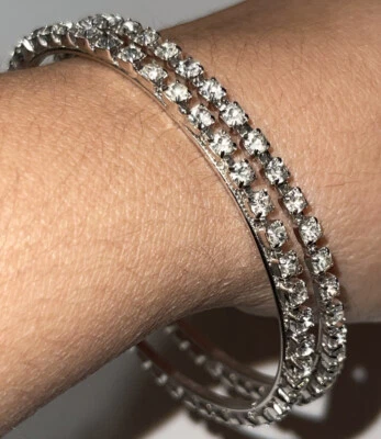 Silver Tone Luxurious Crystal Bangle Bracelets Set Of Two - Image 1 of 4