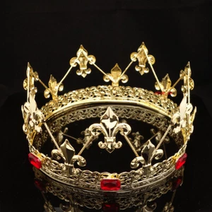 Men's Imperial Medieval Fleur De Lis Red Gold King Crown 8cm Tall 56.5cm Circ - Picture 1 of 9