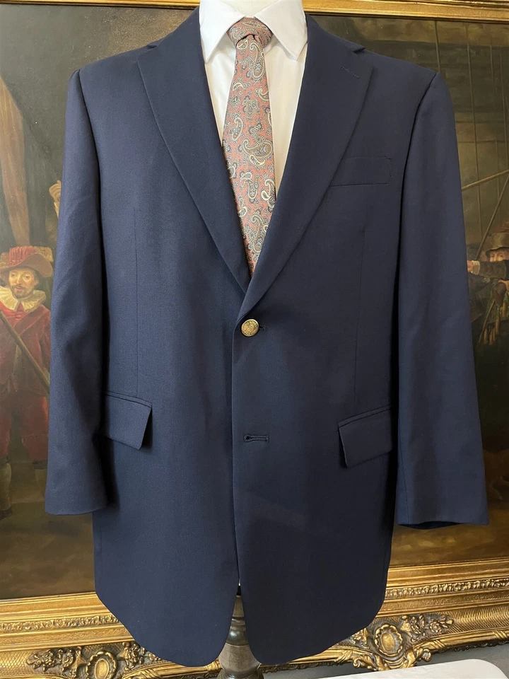 Jaqueta Blazer Hart Schaffner Marx 40S Fabricada nos EUA Botão Dourado Azul Marinho Lã Hopsack 2Btn - Imagem 1 de 4