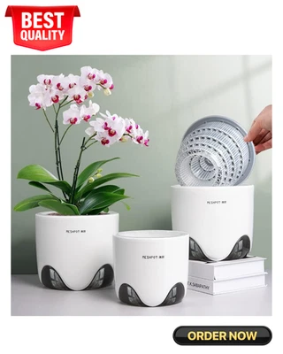 Macetas de orquídeas de 5 pulgadas con agujeros, juego de 2, plano de cerámica de imitación de plástico de doble capa Foto 1 de 4