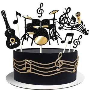 Confezione 8 Cake Topper Tema Musicale Glitter Chitarra Batteria Simboli Musicali - Foto 1 di 7