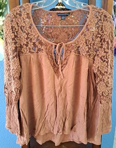 American Eagle Boho-Bluse Damen M braun Spitze Schulter vorne zum Binden Glockenärmel - Bild 1 von 8