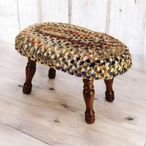 Cricket Rag Rug Footstool Turned Spindle Wood Legs Cottage Ottoman Farmhouse 10" - Picture 1 of 22