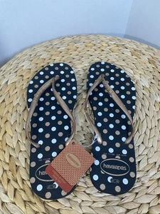 NWT havaianas flip flops Black Gold/White Polka Dots 11/12 womens - Picture 1 of 5