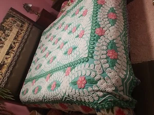 Vintage Mid Century Chenille Bedspread Teal Background Floral 98" X 90” - Picture 1 of 5