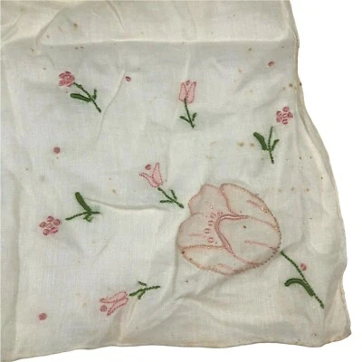 Pañuelo bordado vintage Madeira rosa flores de tulipán manchas  Foto 1 de 4