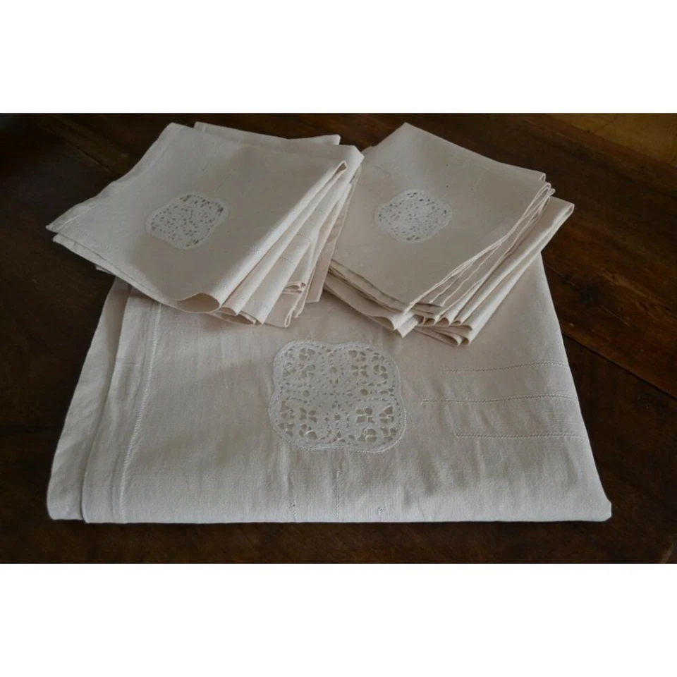 Antique Nappe Brodé à la Main Avec Dentelle aux Fuseaux 120x220 CM+12 Serviette - Photo 1/1