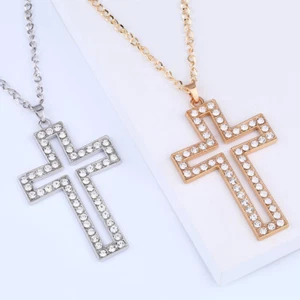 Large Rhinestone Cross Iced Pendant Necklace Chain Bling Hiphop GOLD SILVER - Picture 1 of 7
