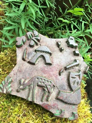 antique primitive fabric printing wood block carved person hut tree Indonesian - Image 1 of 4