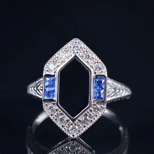 Natural Diamonds and Sapphire Art Deco Design Black Onyx Ring 14K White Gold - Picture 1 of 8