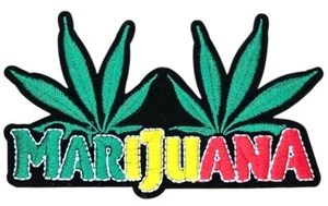 MARIJUANA TEXT REGGAE PAN-AFRICAN COLORS WEED LEAF PLANT IRON ON PATCH - Picture 1 of 3