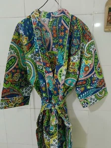 Indian Blue Cotton Robe Long Kimono Sleepwear Floral Printed Nightwear Suit Art - Picture 1 of 4