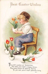 Easter Clapsaddle Boy Child in Easter Clothes Potting Flowers in Egg Shells 1916 - Picture 1 of 2