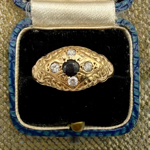 Vintage 9k Solid Yellow Gold Sapphire Diamond Etched Ring, Size 8.75 - Picture 1 of 9
