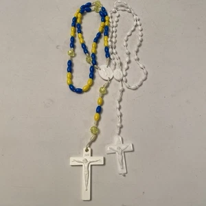 Two Plastic rosaries crucifix Virgin Mary Our Lady’s Rosary Makers Blue Yellow - Picture 1 of 8