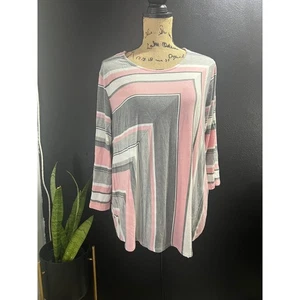 Alfred Dunner Women's 1X Pink Gray Striped 3/4 Sleeve Knit Top - Picture 1 of 8