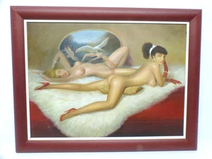 Pintura al óleo Representación erótica dos mujeres acostadas - Imagen 1 de 7